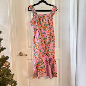 Finders Keepers Pink Citrus Print Ruffle Strap Midi Dress Size M